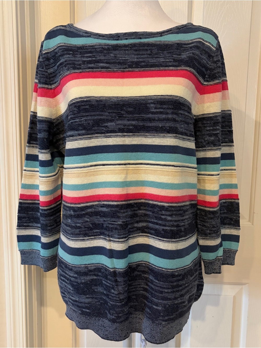 Chaps Striped Navy and Multi-Color Women's Sweater Size XL Lightweight